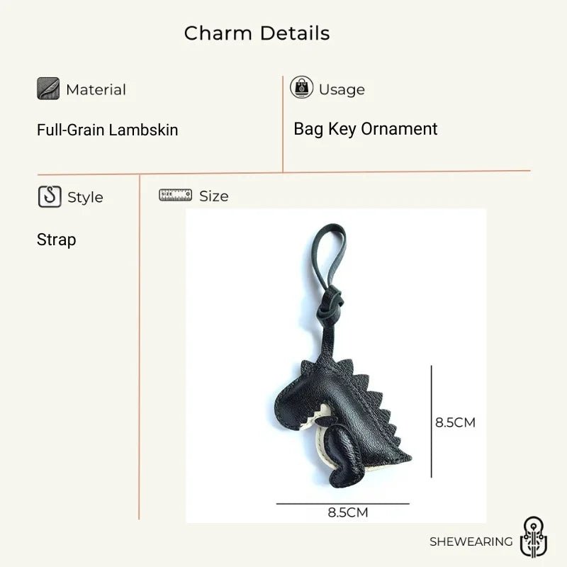 Midnight Dino Leather Bag Charm – Handcrafted Full - Grain Lambskin Keychain | Cute Dinosaur Ornament | Whimsical Gift for Adults & Kids - shewearing