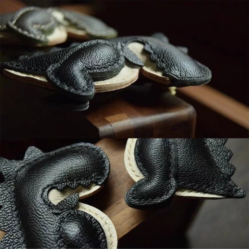 Midnight Dino Leather Bag Charm – Handcrafted Full - Grain Lambskin Keychain | Cute Dinosaur Ornament | Whimsical Gift for Adults & Kids - shewearing