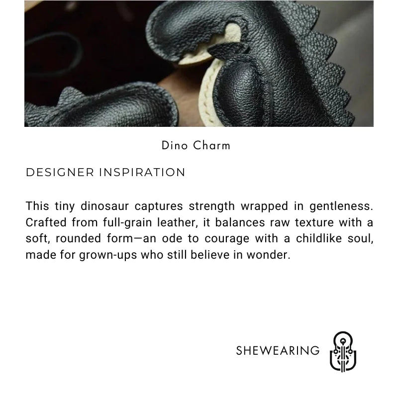Midnight Dino Leather Bag Charm – Handcrafted Full - Grain Lambskin Keychain | Cute Dinosaur Ornament | Whimsical Gift for Adults & Kids - shewearing
