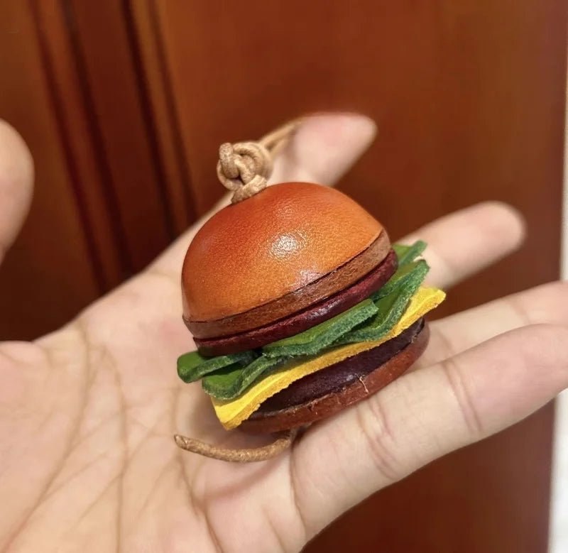 Mini Burger & Fries Leather Bag Charm Set – Handmade 3D Full - Grain Leather Accessories | Novelty Fast Food Pendant for Bags or Keys - shewearing