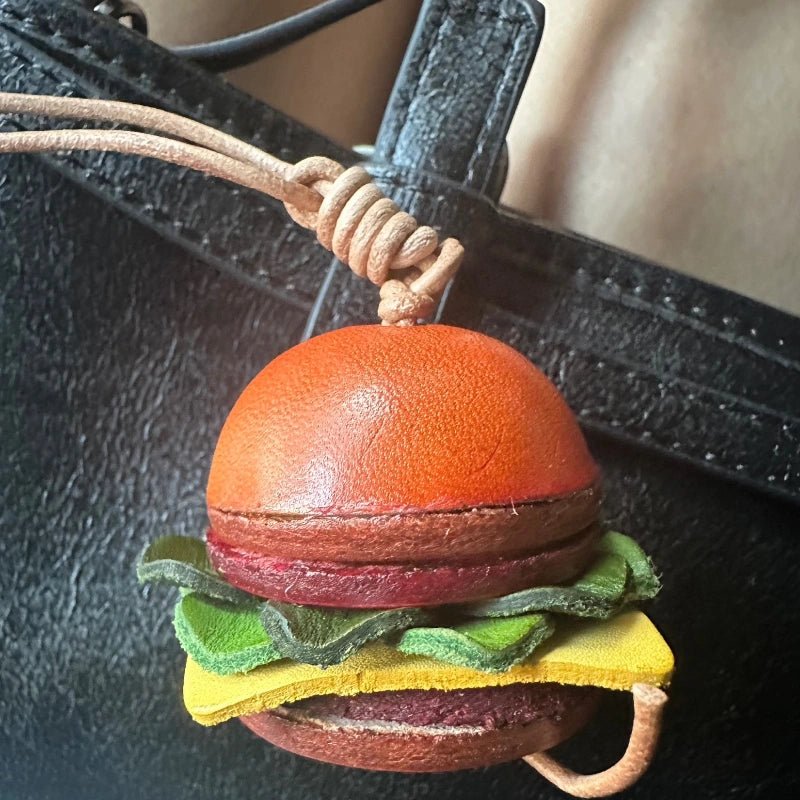 Mini Burger & Fries Leather Bag Charm Set – Handmade 3D Full - Grain Leather Accessories | Novelty Fast Food Pendant for Bags or Keys - shewearing