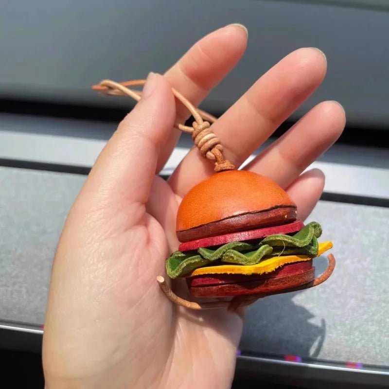 Mini Burger & Fries Leather Bag Charm Set – Handmade 3D Full - Grain Leather Accessories | Novelty Fast Food Pendant for Bags or Keys - shewearing