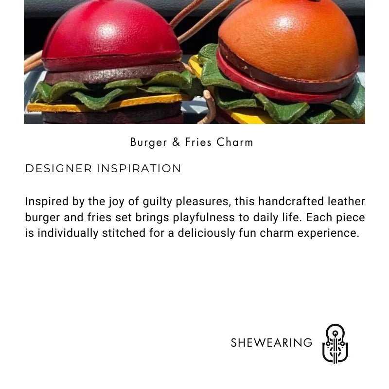 Mini Burger & Fries Leather Bag Charm Set – Handmade 3D Full - Grain Leather Accessories | Novelty Fast Food Pendant for Bags or Keys - shewearing