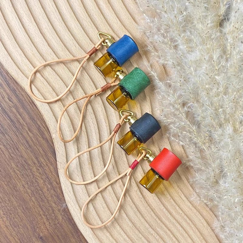Minimalist Refillable Perfume Bottle Charm – Handcrafted Leather Aroma Pendant | Essential Oil Roller Keychain | Mosquito Repellent Bag Accessory - shewearing