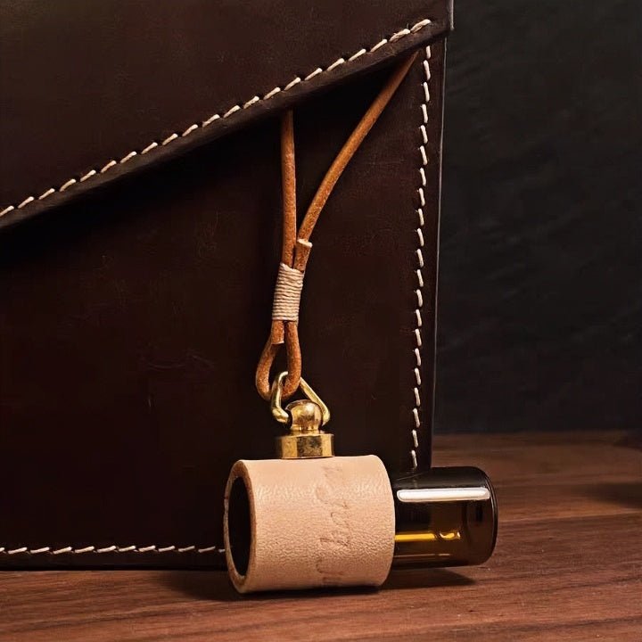 Minimalist Refillable Perfume Bottle Charm – Handcrafted Leather Aroma Pendant | Essential Oil Roller Keychain | Mosquito Repellent Bag Accessory - shewearing