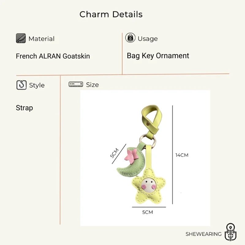 Moon & Star Leather Charm – Handmade Full - Grain Keychain Pendant | Cute Car or Bag Accessory | Hand - Stitched Celestial Design - shewearing