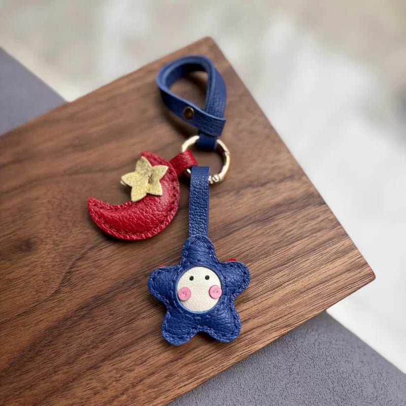 Moon & Star Leather Charm – Handmade Full - Grain Keychain Pendant | Cute Car or Bag Accessory | Hand - Stitched Celestial Design - shewearing