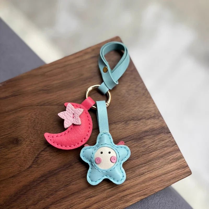 Moon & Star Leather Charm – Handmade Full - Grain Keychain Pendant | Cute Car or Bag Accessory | Hand - Stitched Celestial Design - shewearing
