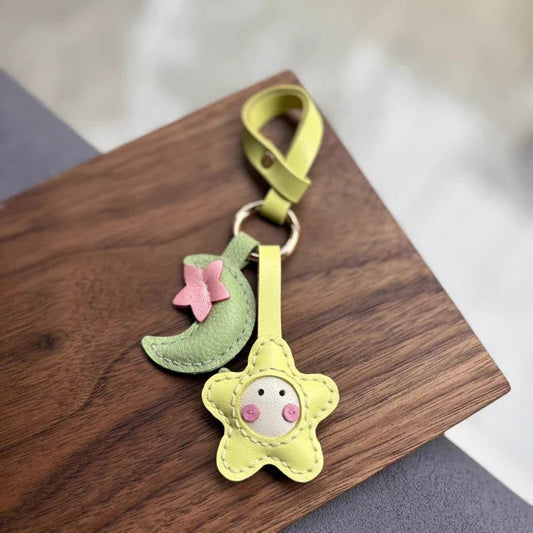 Moon & Star Leather Charm – Handmade Full - Grain Keychain Pendant | Cute Car or Bag Accessory | Hand - Stitched Celestial Design - shewearing