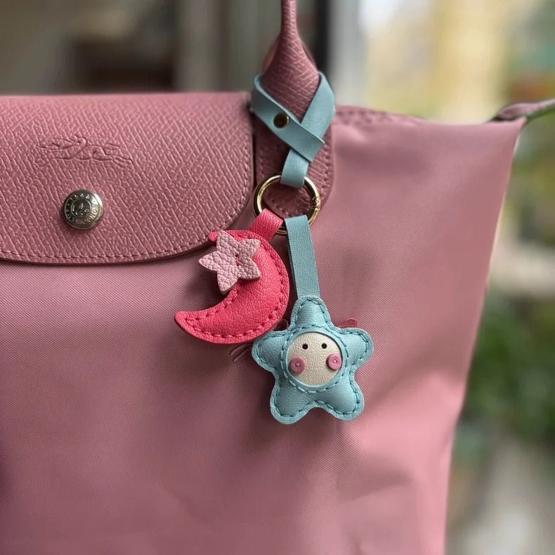 Moon & Star Leather Charm – Handmade Full - Grain Keychain Pendant | Cute Car or Bag Accessory | Hand - Stitched Celestial Design - shewearing