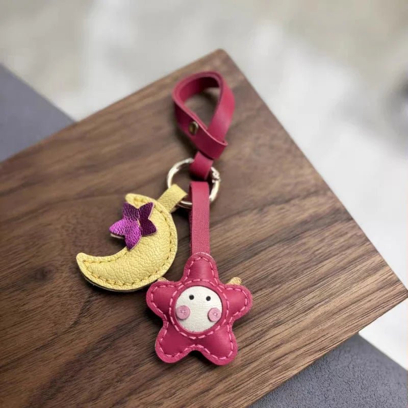 Moon & Star Leather Charm – Handmade Full - Grain Keychain Pendant | Cute Car or Bag Accessory | Hand - Stitched Celestial Design - shewearing