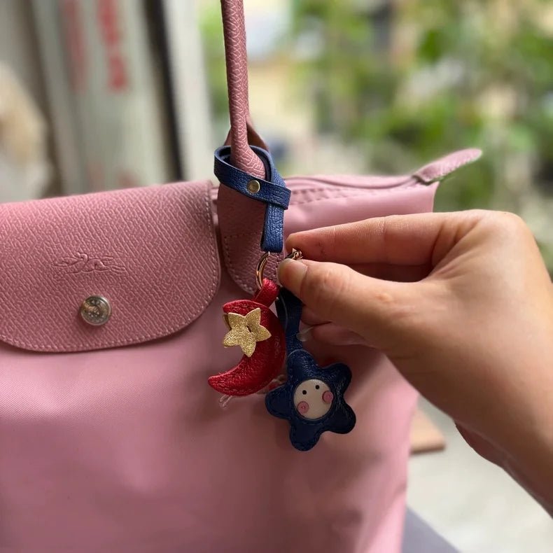 Moon & Star Leather Charm – Handmade Full - Grain Keychain Pendant | Cute Car or Bag Accessory | Hand - Stitched Celestial Design - shewearing