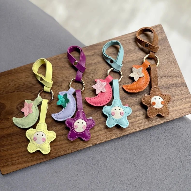 Moon & Star Leather Charm – Handmade Full - Grain Keychain Pendant | Cute Car or Bag Accessory | Hand - Stitched Celestial Design - shewearing