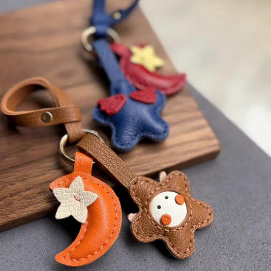 Moon & Star Leather Charm – Handmade Full - Grain Keychain Pendant | Cute Car or Bag Accessory | Hand - Stitched Celestial Design - shewearing