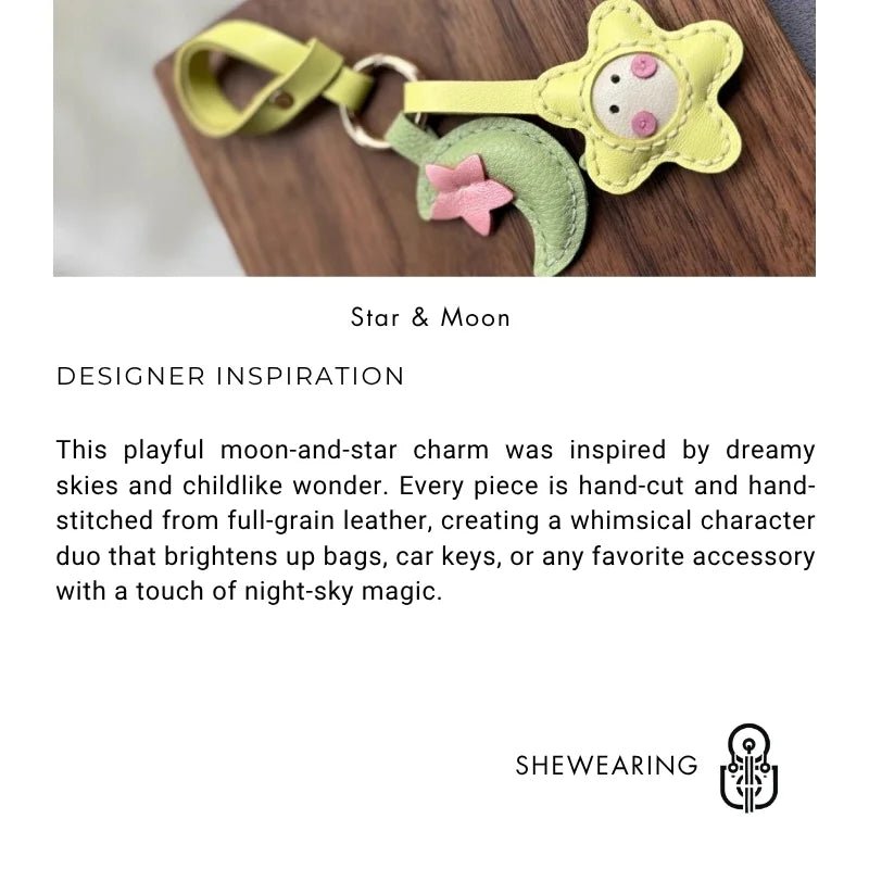 Moon & Star Leather Charm – Handmade Full - Grain Keychain Pendant | Cute Car or Bag Accessory | Hand - Stitched Celestial Design - shewearing
