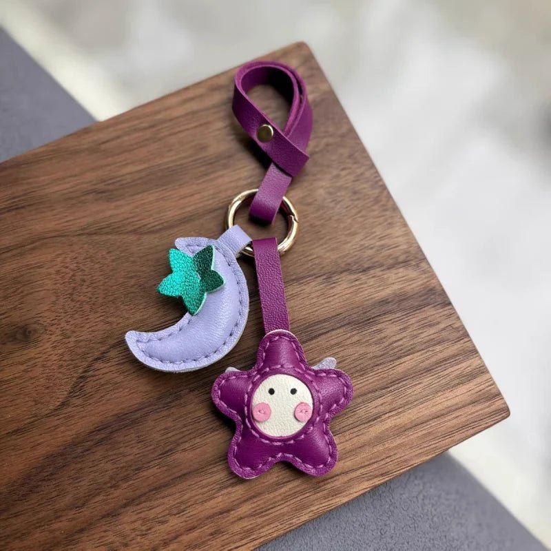 Moon & Star Leather Charm – Handmade Full - Grain Keychain Pendant | Cute Car or Bag Accessory | Hand - Stitched Celestial Design - shewearing