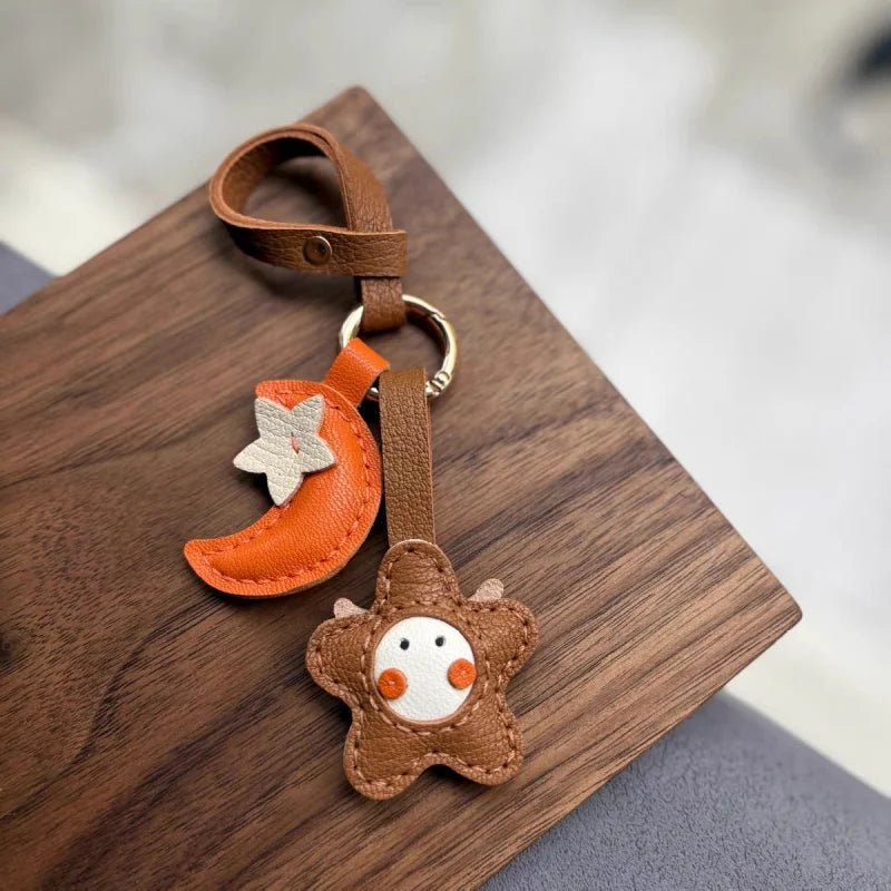 Moon & Star Leather Charm – Handmade Full - Grain Keychain Pendant | Cute Car or Bag Accessory | Hand - Stitched Celestial Design - shewearing