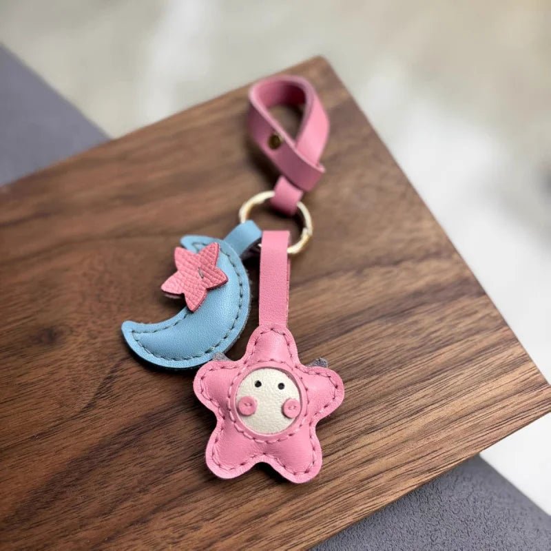 Moon & Star Leather Charm – Handmade Full - Grain Keychain Pendant | Cute Car or Bag Accessory | Hand - Stitched Celestial Design - shewearing