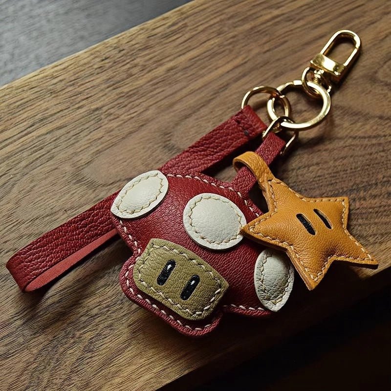 Mushroom & Star Handcrafted Leather Bag Charm – Whimsical Design, Full - Grain Goatskin, Playful Accessory for Bags or Keys, Perfect Gift for Her - shewearing