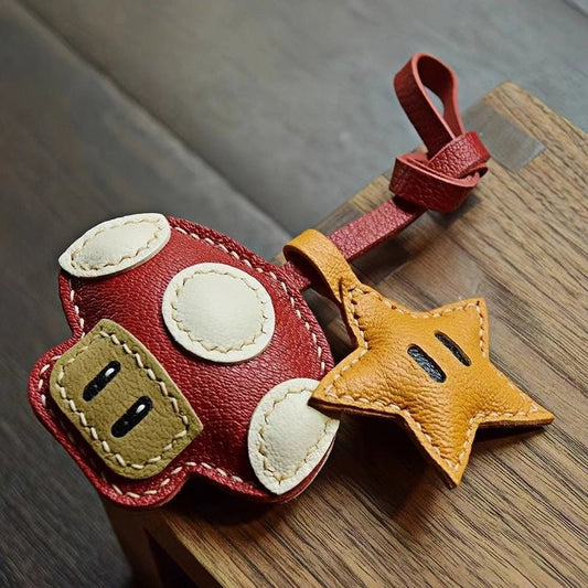 Mushroom & Star Handcrafted Leather Bag Charm – Whimsical Design, Full - Grain Goatskin, Playful Accessory for Bags or Keys, Perfect Gift for Her - shewearing