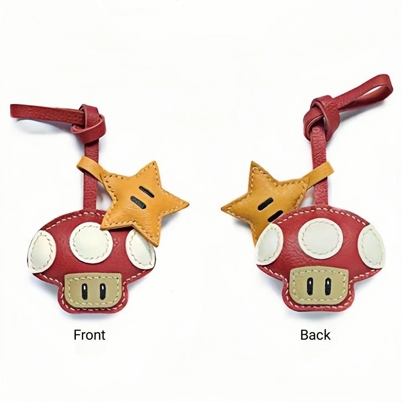 Mushroom & Star Handcrafted Leather Bag Charm – Whimsical Design, Full - Grain Goatskin, Playful Accessory for Bags or Keys, Perfect Gift for Her - shewearing