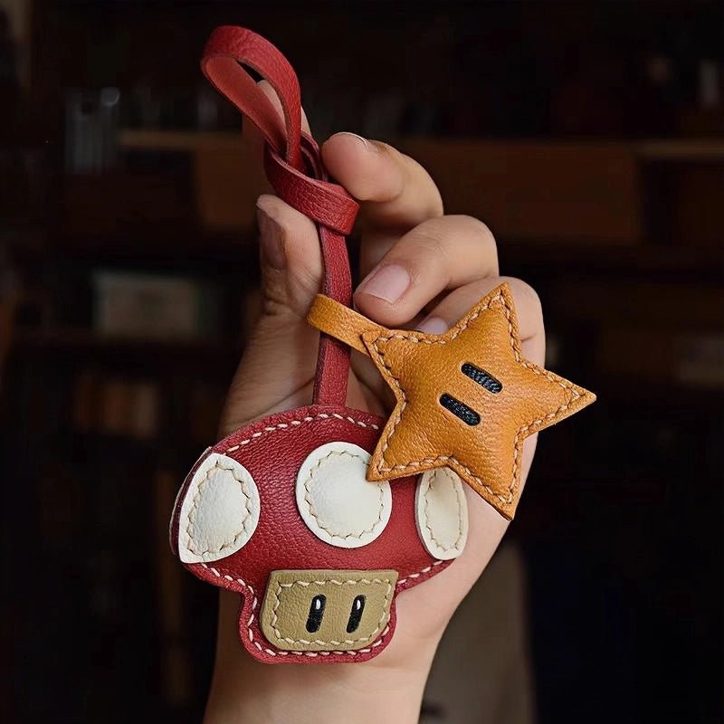 Mushroom & Star Handcrafted Leather Bag Charm – Whimsical Design, Full - Grain Goatskin, Playful Accessory for Bags or Keys, Perfect Gift for Her - shewearing