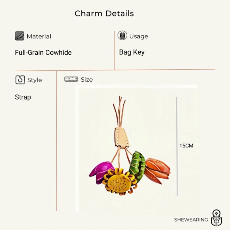 Nordic Floral Garden Leather Charm – Full - Grain Cowhide Handmade Accessory for Bags and Gifts, Blooming Style Elegance - shewearing