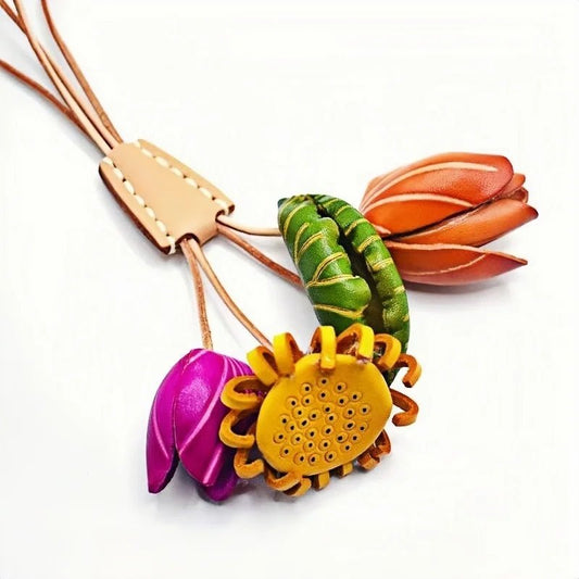 Nordic Floral Garden Leather Charm – Full - Grain Cowhide Handmade Accessory for Bags and Gifts, Blooming Style Elegance - shewearing