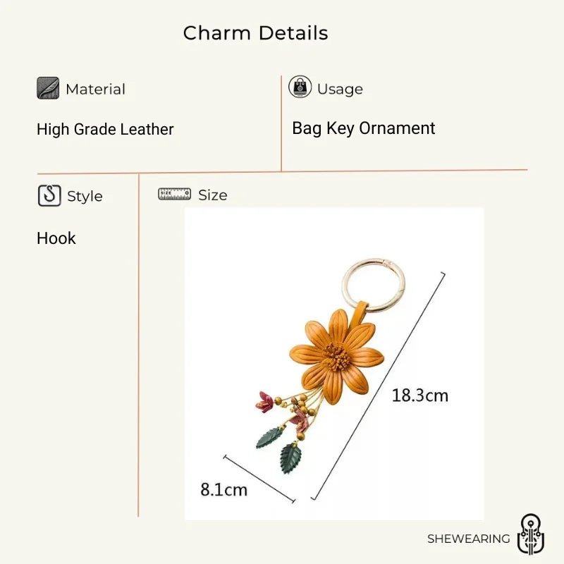 Nordic - Inspired Genuine Leather Floral Bag Charm – Retro Handmade Flower Keychain Pendant for Women | Creative Gift Accessory - shewearing