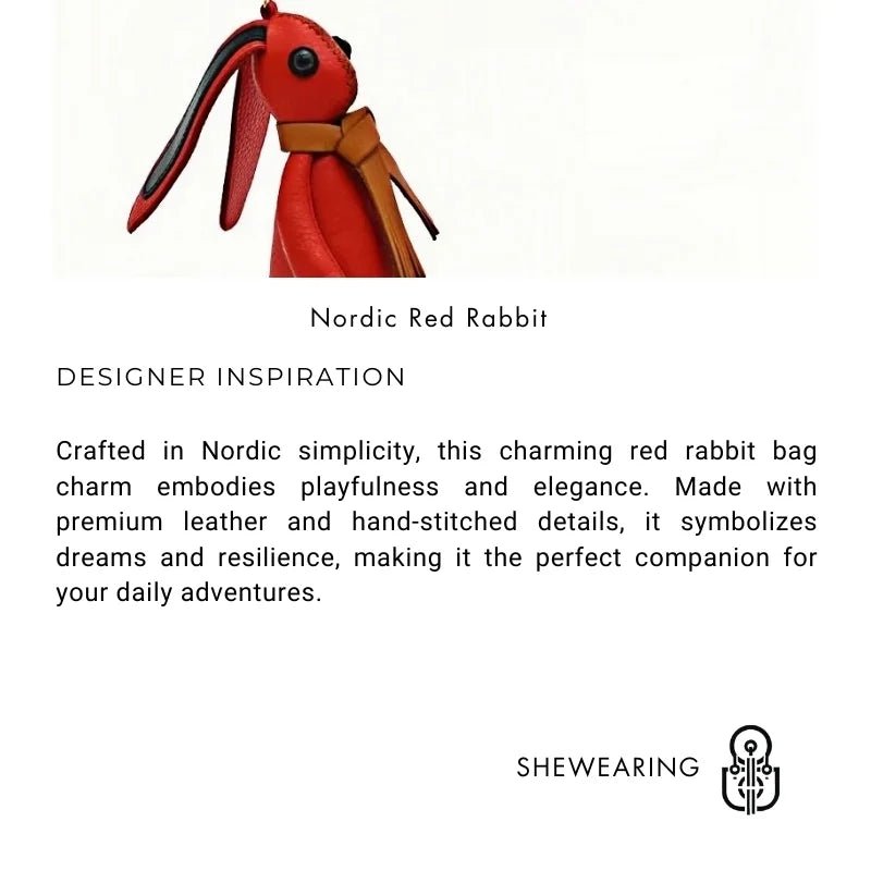 Nordic Red Rabbit Bag Charm – Handcrafted Full - Grain Leather Keychain, Playful Bunny Doll Accessory, Creative Scandinavian Design, Premium Cowhide Gift - shewearing