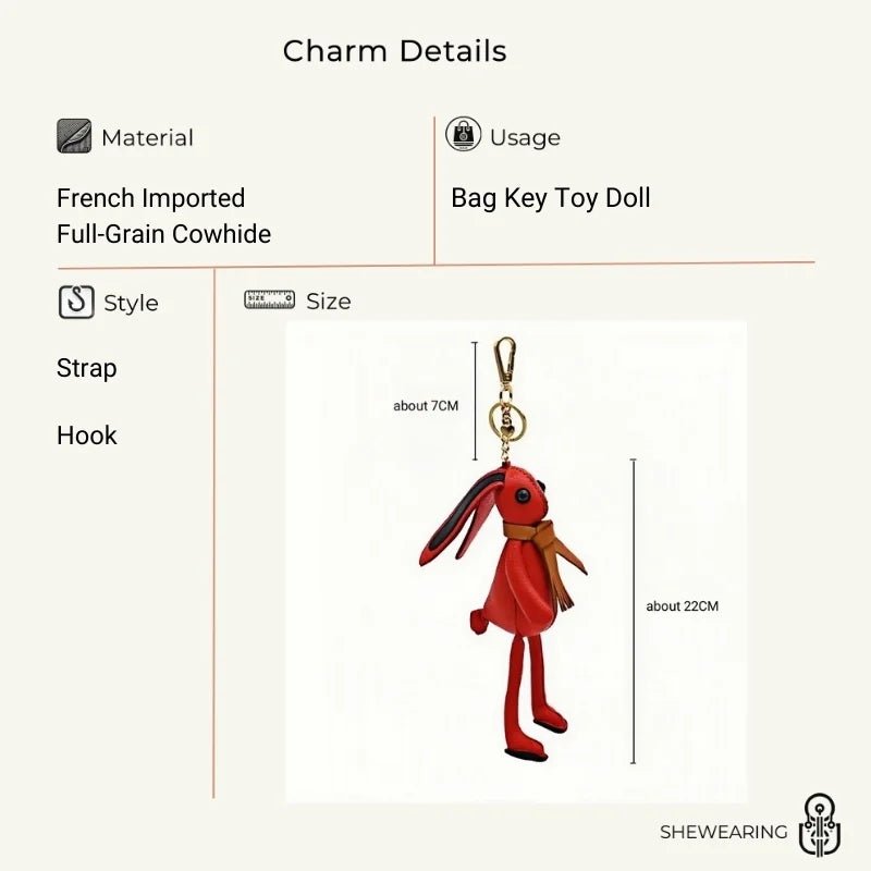Nordic Red Rabbit Bag Charm – Handcrafted Full - Grain Leather Keychain, Playful Bunny Doll Accessory, Creative Scandinavian Design, Premium Cowhide Gift - shewearing