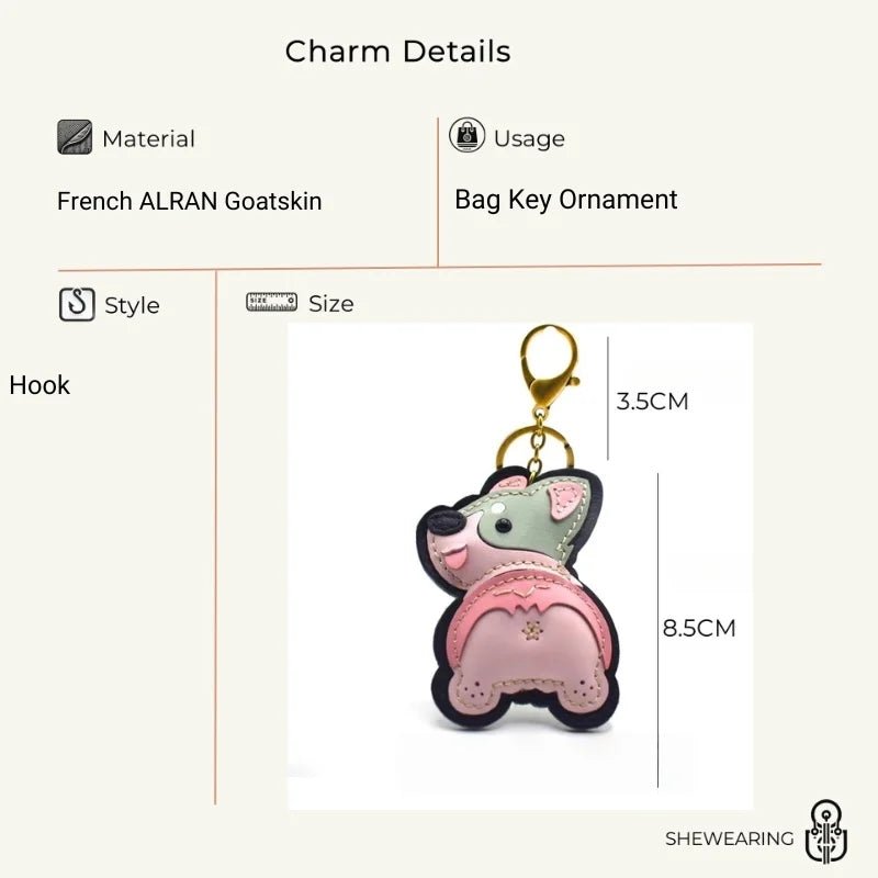 Nordic - Style Corgi Leather Bag Charm – Handmade Full - Grain Cowhide Puppy Keychain | Car Pendant & Trendy Bookmark | Cute Zodiac Dog Accessory - shewearing