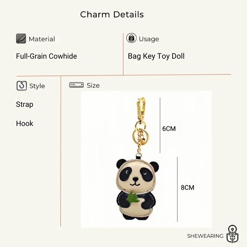 Nordic Style Panda Leather Bag Charm – Handmade Full - Grain Cowhide Keychain & Couple Ornament - shewearing