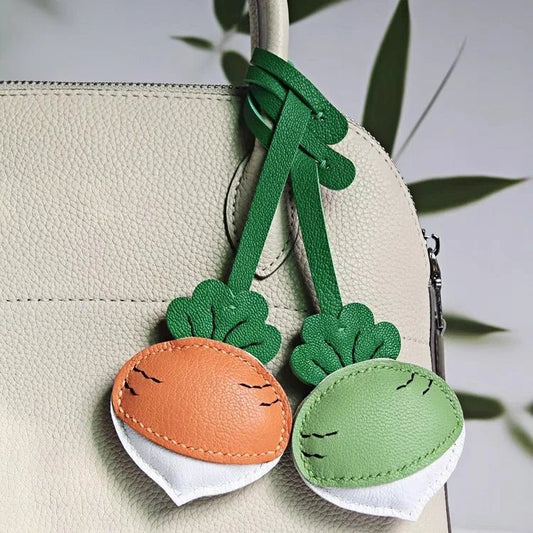Original Design Leather Carrot Bag Charm – Handmade Lambskin Pendant, Cute Whimsical Keychain Accessory - shewearing