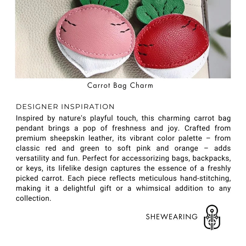 Original Design Leather Carrot Bag Charm – Handmade Lambskin Pendant, Cute Whimsical Keychain Accessory - shewearing