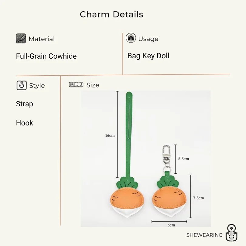 Original Design Leather Carrot Bag Charm – Handmade Lambskin Pendant, Cute Whimsical Keychain Accessory - shewearing