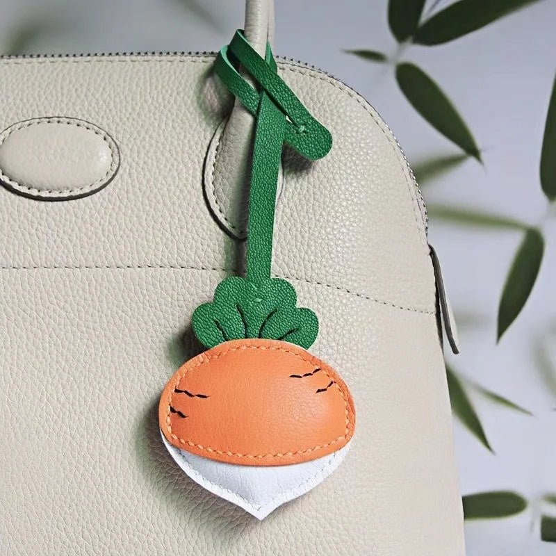 Original Design Leather Carrot Bag Charm – Handmade Lambskin Pendant, Cute Whimsical Keychain Accessory - shewearing