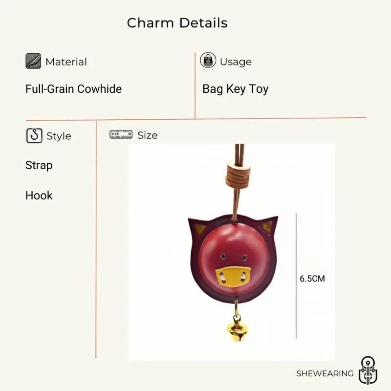 Original Designed Jingle Pig Leather Bag Charm, Full - Grain Cowhide Key Accessory, Minimalist Handcrafted Bell Pendant, Perfect Graduation Season Gift - shewearing