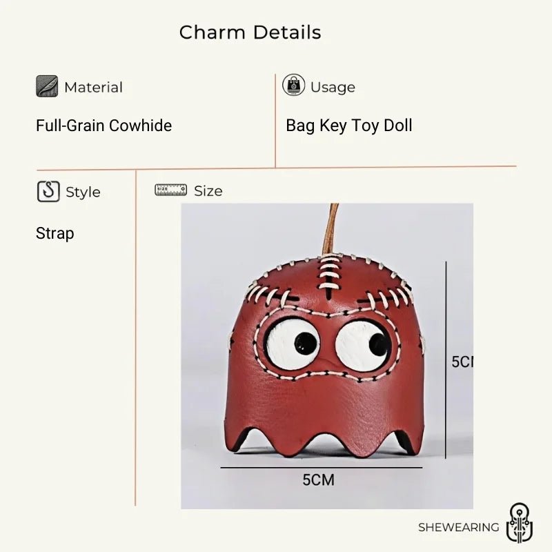 Pac - Man Leather Bag Charm – Handcrafted, Full - Grain Cowhide, Nostalgic Design, Playful Wind Chime Accessory for Bags or Keys - shewearing