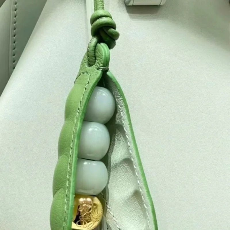 Pea Pod - Inspired Leather Bag Charm – Handmade Vegetable Keychain with Jade Beads | Creative Pendant for Handbags & Backpacks | Designer - Inspired Accent Accessory - shewearing