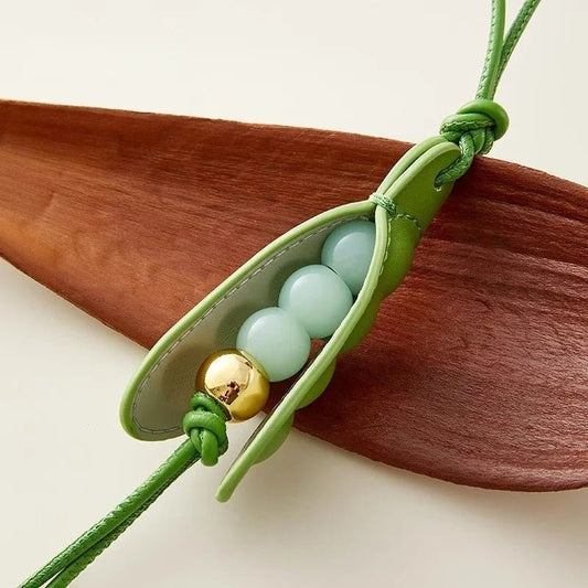 Pea Pod - Inspired Leather Bag Charm – Handmade Vegetable Keychain with Jade Beads | Creative Pendant for Handbags & Backpacks | Designer - Inspired Accent Accessory - shewearing