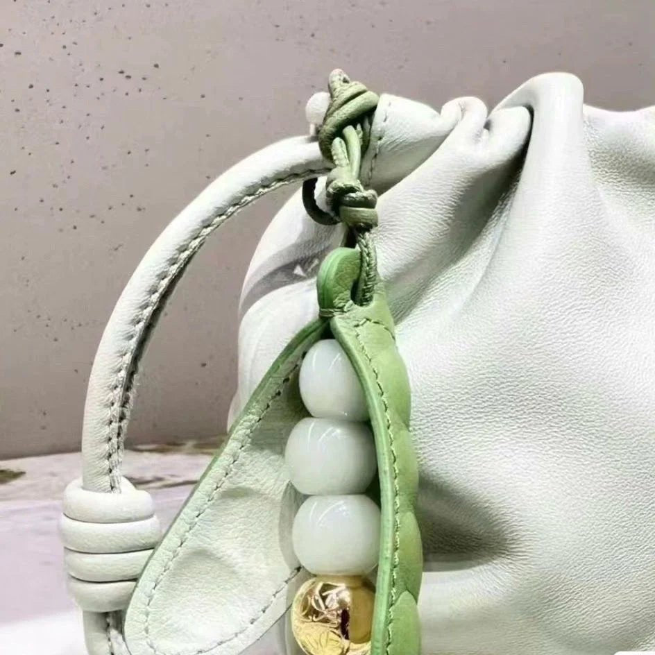 Pea Pod - Inspired Leather Bag Charm – Handmade Vegetable Keychain with Jade Beads | Creative Pendant for Handbags & Backpacks | Designer - Inspired Accent Accessory - shewearing