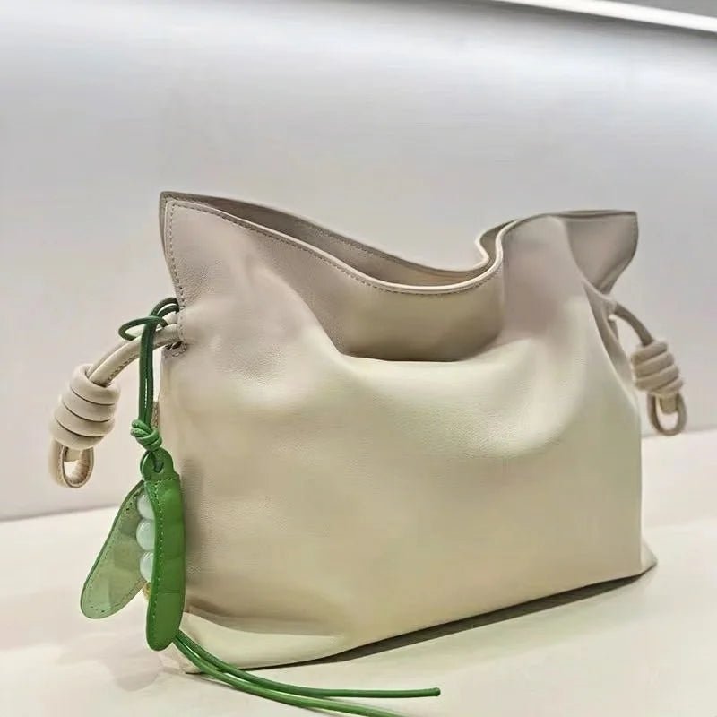Pea Pod - Inspired Leather Bag Charm – Handmade Vegetable Keychain with Jade Beads | Creative Pendant for Handbags & Backpacks | Designer - Inspired Accent Accessory - shewearing