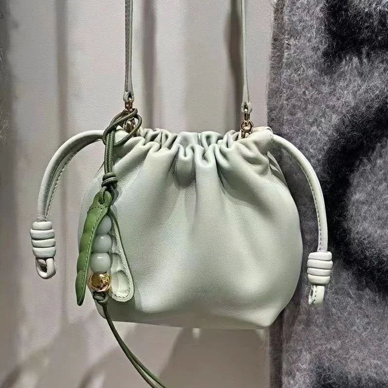 Pea Pod - Inspired Leather Bag Charm – Handmade Vegetable Keychain with Jade Beads | Creative Pendant for Handbags & Backpacks | Designer - Inspired Accent Accessory - shewearing