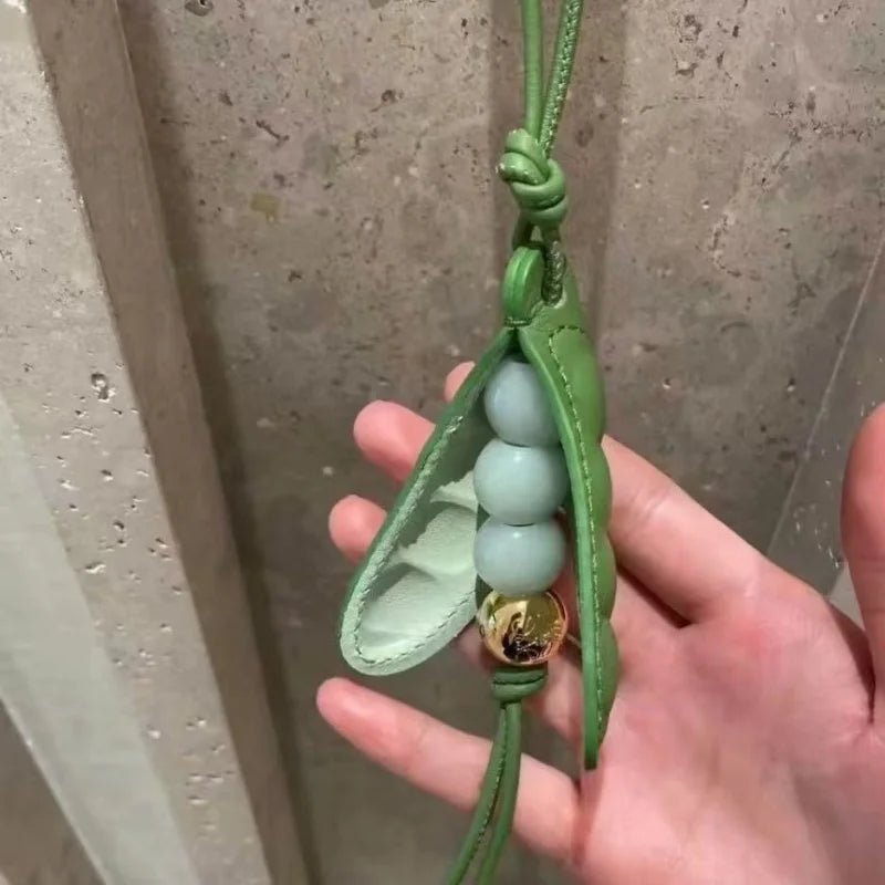 Pea Pod - Inspired Leather Bag Charm – Handmade Vegetable Keychain with Jade Beads | Creative Pendant for Handbags & Backpacks | Designer - Inspired Accent Accessory - shewearing