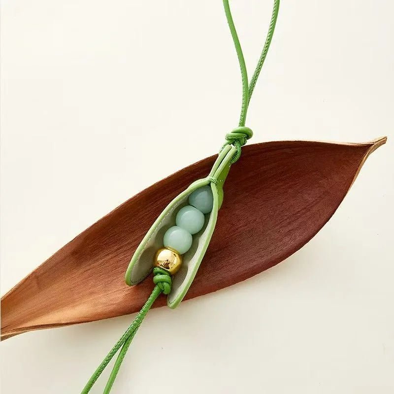 Pea Pod - Inspired Leather Bag Charm – Handmade Vegetable Keychain with Jade Beads | Creative Pendant for Handbags & Backpacks | Designer - Inspired Accent Accessory - shewearing
