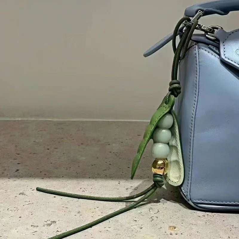 Pea Pod - Inspired Leather Bag Charm – Handmade Vegetable Keychain with Jade Beads | Creative Pendant for Handbags & Backpacks | Designer - Inspired Accent Accessory - shewearing