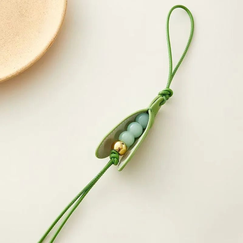 Pea Pod - Inspired Leather Bag Charm – Handmade Vegetable Keychain with Jade Beads | Creative Pendant for Handbags & Backpacks | Designer - Inspired Accent Accessory - shewearing