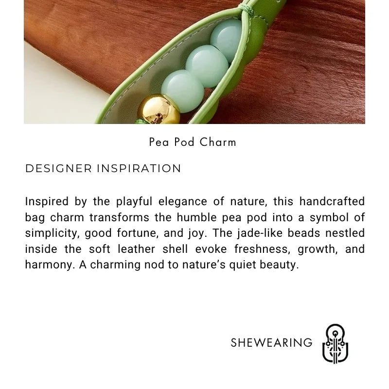 Pea Pod - Inspired Leather Bag Charm – Handmade Vegetable Keychain with Jade Beads | Creative Pendant for Handbags & Backpacks | Designer - Inspired Accent Accessory - shewearing