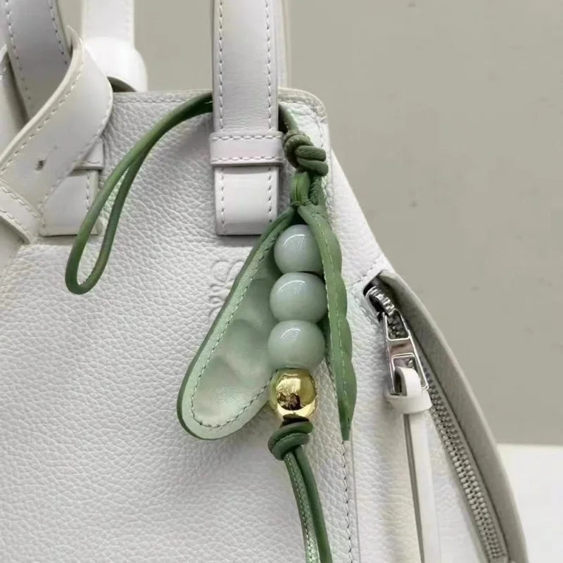Pea Pod - Inspired Leather Bag Charm – Handmade Vegetable Keychain with Jade Beads | Creative Pendant for Handbags & Backpacks | Designer - Inspired Accent Accessory - shewearing